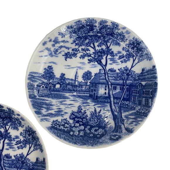 VTG Blue ENGLISH VILLAGE Lot of 5 Transferware Ironstone Saucer Matching Japan - Picture 4 of 8